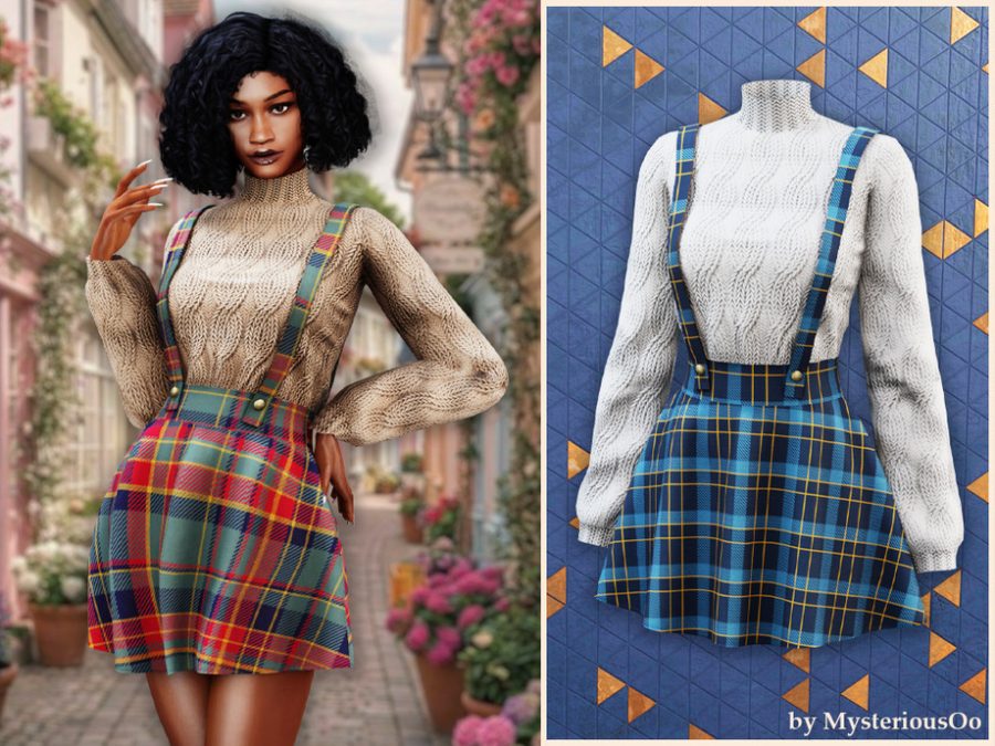 Cozy Knit Sweater With Plaid Suspender Skirt