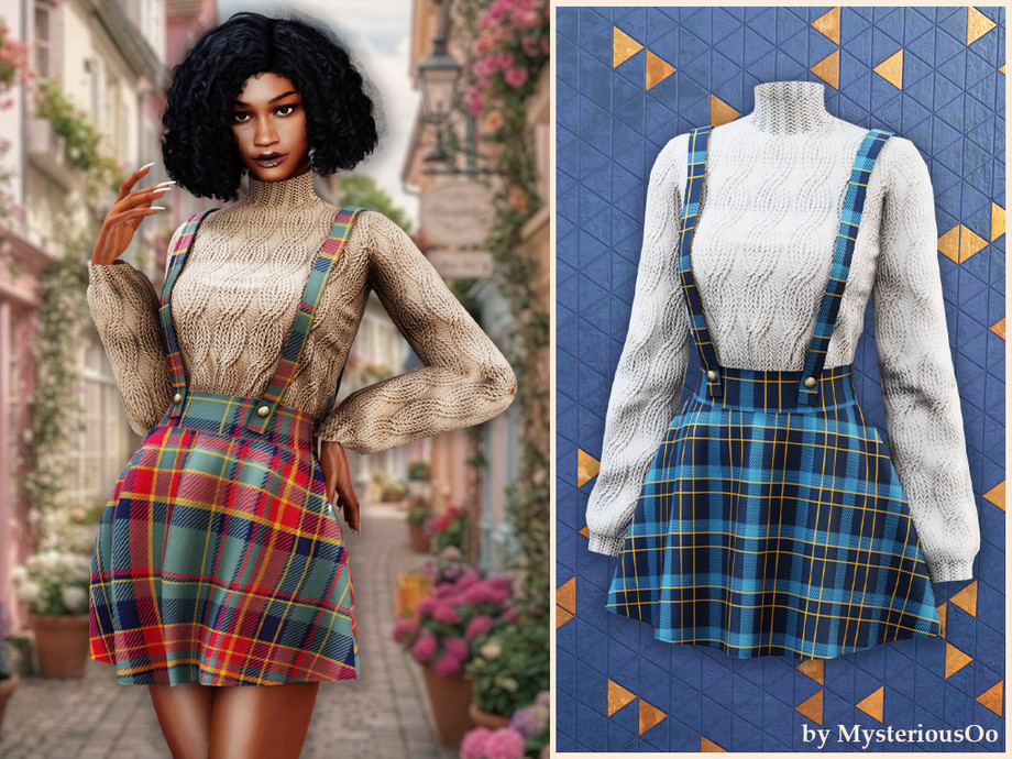 Cozy Knit Sweater With Plaid Suspender Skirt