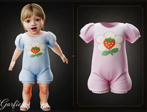 Infant - Cotton Puff Sleeve Romper With Strawberry Daisy Applique