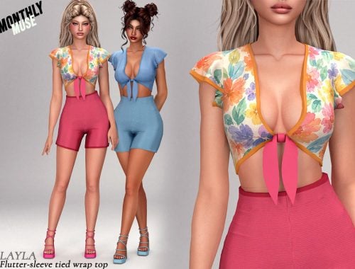 Layla - Flutter-sleeve Top And High-waisted Shorts Set
