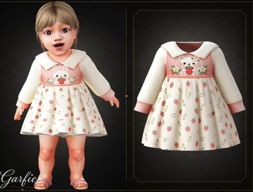 Infant - Sweet Animal Print Dress With Strawberries And Wide Collar