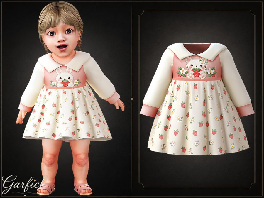 Infant - Sweet Animal Print Dress With Strawberries And Wide Collar