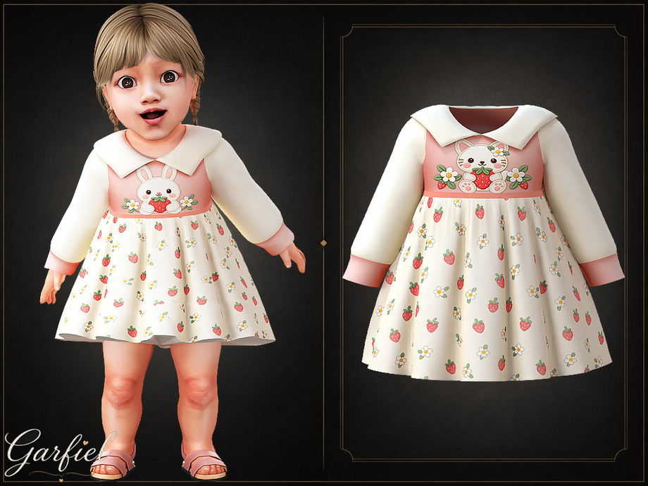 Infant - Sweet Animal Print Dress With Strawberries And Wide Collar