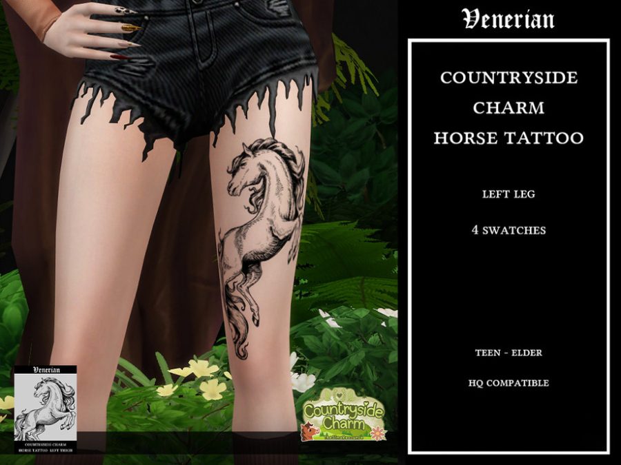 Countryside Charm Horse Tattoo By Venerian - Left Leg
