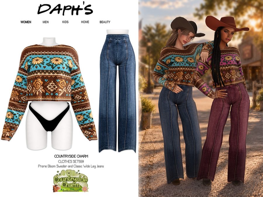 Countryside Charm - Prairie Bloom Sweater And Classic Wide Leg Jeans