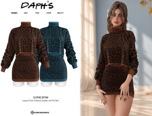 Leopard Plush Turtleneck Sweater And Mini Skirt